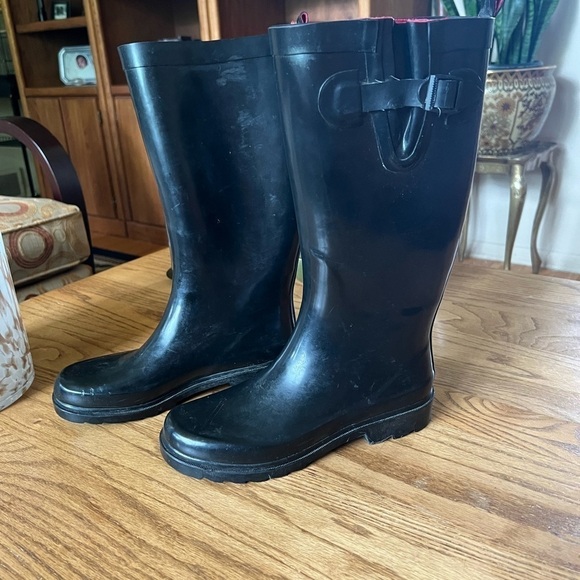 Capellini Rain Boots Women’s 7 Black Tall Shoes Shiny Buckle - Picture 1 of 9